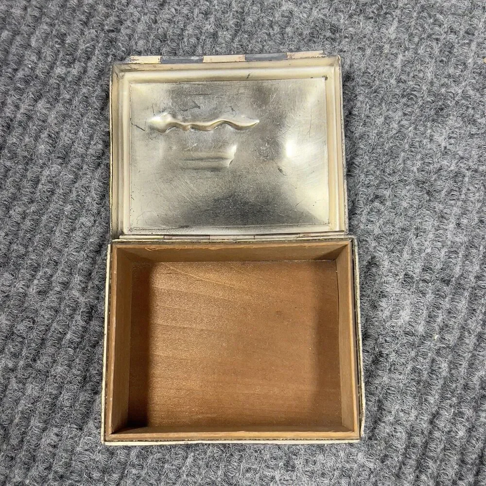 Vintage Trinket Vanity Box Wooden‎ Lined Inside Silvertone Detailed 4x3 Japan
